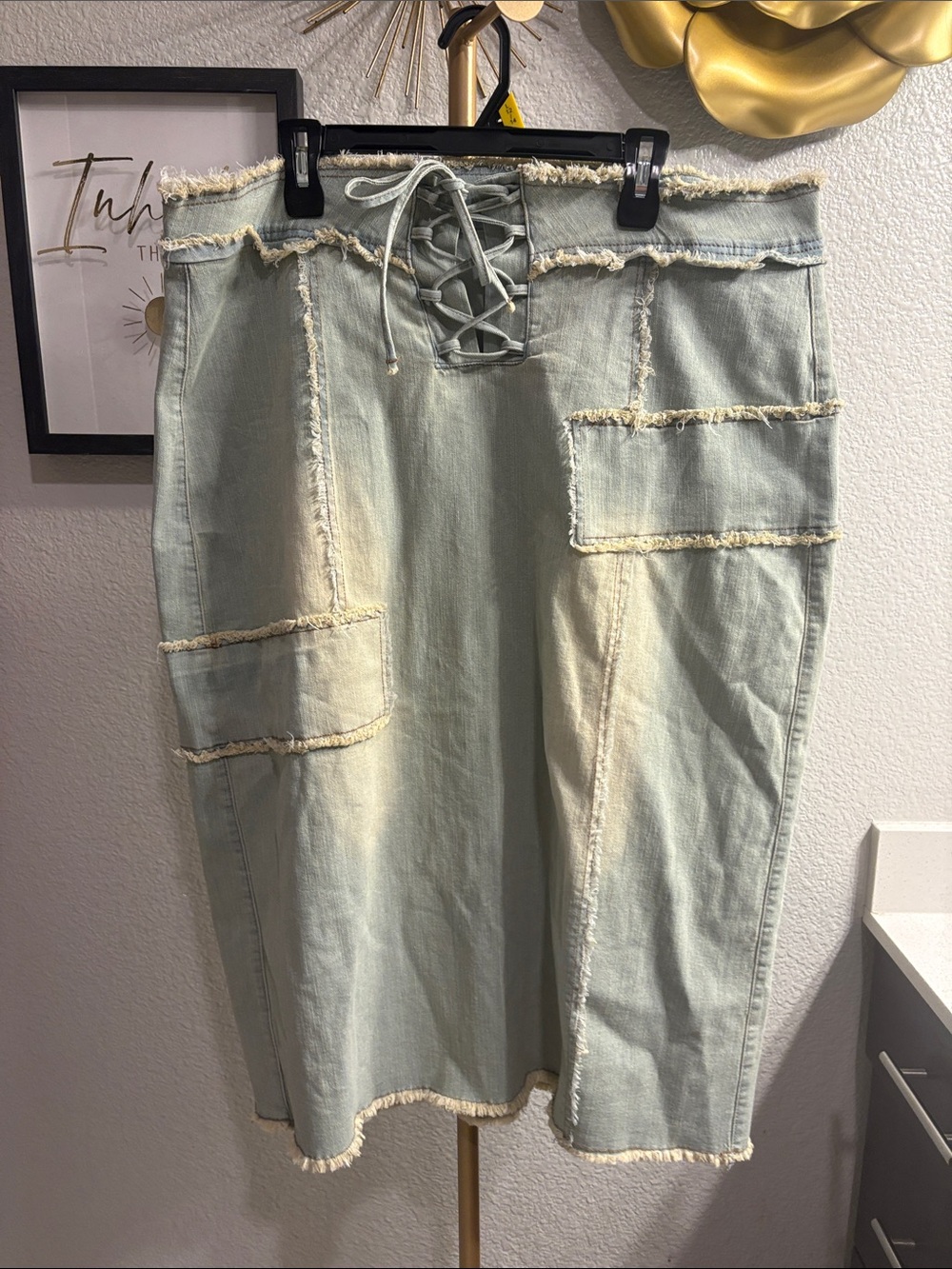 SHEIN Sage Green Lace-Up Frayed Midi Skirt